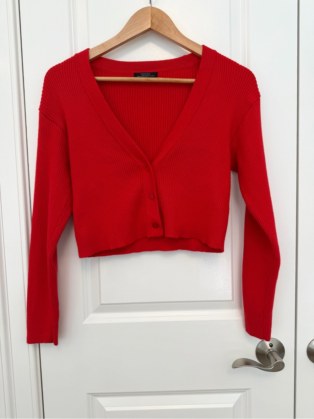 Women's Red V-Neck Cropped Cardigan Sweater